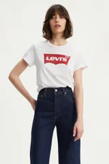 Remera de algodón Levi's modelo The Perfect Tee Batwing, color blanco, con cuello redondo, mangas cortas y estampado frontal del logo de la marca en rojo.