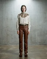 Pantalón de cuero vacuno color marrón, de corte recto y tiro medio. Presenta una cintura con detalle de presillas fruncidas en contraste negro y forrería interna de satén.