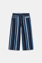 Jeans culotte de tiro medio ZW Collection con estampado de rayas verticales en tonos azules, celestes y negros. Cuenta con diseño de cinco bolsillos y cierre frontal con cremallera y botón.