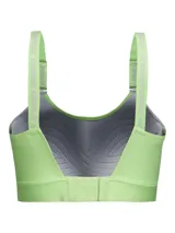 Top deportivo Under Armour modelo Infinity Mid 2.0, color gris con detalles en verde lima. Cuenta con soporte medio, tirantes ajustables y paneles de malla para mayor transpirabilidad.