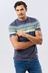 Remera clásica de manga corta con cuello redondo, confeccionada en algodón. Presenta un diseño de franjas horizontales en tonos azul, verde y blanco en la parte superior.