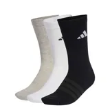 Pack de tres pares de medias deportivas Adidas de caña media, en colores gris melange, blanco y negro. Presentan el logo de la marca en la parte superior y diseño de tres bandas en la zona del empeine.