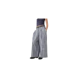 Pantalón wide leg de corte holgado, con diseño de rayas verticales en tonos azul y blanco, cintura elástica y pequeño logo estampado en la pierna izquierda.