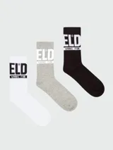 Pack de tres pares de medias tobilleras de algodón, una blanca, una gris jaspeada y una negra. Todas con el logo "ELD LIVING FOR" estampado en blanco en la caña.