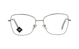 Armazón de anteojos de metal plateado con diseño de marco cuadrado y puente fino.