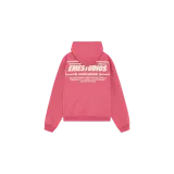 Hoodie oversize de color rosado oscuro, con capucha y bolsillo tipo canguro. Presenta un estampado gráfico en la espalda con la inscripción "EMESTUDIOS" en color blanco.