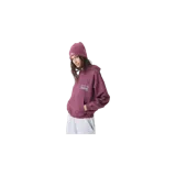 Hoodie oversized color bordó con capucha, mangas largas y puños y dobladillo de rib. Presenta estampas circulares y texto en la parte trasera.
