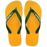 Chancletas Havaianas modelo Brasil Logo, de color blanco, con tiras que incluyen la bandera de Brasil y el nombre de la marca en relieve.