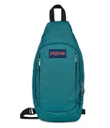 Morral tipo bandolera de la marca Jansport, color azul petróleo, con diseño ergonómico de una sola correa ajustable, compartimento principal con cierre y bolsillo frontal vertical.