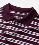 Remera polo de manga corta, color bordó con rayas blancas y azules, confeccionada en media malla.