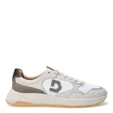 Championes urbanos Democrata modelo Lushio, con diseño de paneles en tonos beige, blanco y detalles en verde oliva. Presentan cierre con cordones, logo lateral distintivo y suela de goma en color caramelo.