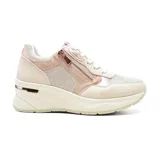 Championes urbanos color beige con detalles en rosa y glitter. Cierre con cordones y cremallera decorativa lateral.