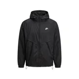 Campera rompevientos Nike Windrunner color negro, con capucha ajustable, cierre frontal completo y logo de la marca bordado en el pecho. Presenta diseño clásico con paneles en forma de V y puños elásticos.