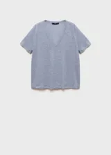 Camiseta Linito de lino, color gris claro, de manga corta y cuello en V, con diseño recto.