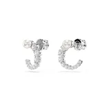 Par de aros tipo argolla abierta bañados en rodio, con incrustaciones de Swarovski Zirconia transparentes de tamaño creciente y perlas Swarovski Crystal Pearl blancas en la parte superior.