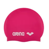 Gorro de natación de silicona color fucsia, con el logo de la marca Arena en color blanco.