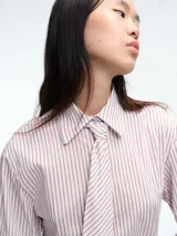 Camisa de corte clásico con estampado de rayas verticales azules y blancas, cuello camisero y cierre frontal con botones. Incluye una corbata a juego con el mismo estampado.