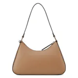 Cartera tipo shoulder bag Guess modelo Layla, color marrón, confeccionada en poliuretano simil cuero. Posee cierre superior, asa de hombro y detalle de llavero decorativo con dijes metálicos colgantes. Incluye el logo de la marca en la parte frontal.