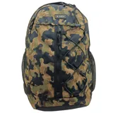 Mochila Converse Transition con estampado camuflado en tonos verde, marrón y negro. Cuenta con múltiples compartimentos con cierre, correas ajustables y detalles de cuerdas elásticas en el frente.