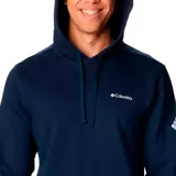 Buzo tipo canguro con capucha ajustable y bolsillo frontal, de color azul marino. Presenta el logo de la marca estampado en el pecho y en la manga izquierda.