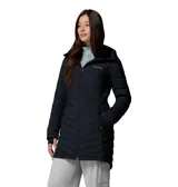 Campera larga Columbia modelo Joy Peak II Mid, color negro, con diseño acolchado y cierre frontal. Cuenta con capucha forrada en vellón, puños con orificios para pulgares y tecnología de aislamiento térmico.