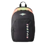 Mochila urbana Rip Curl modelo Ozone de 30 litros, color negro con detalles degradados en tonos pastel. Cuenta con compartimento principal con cierre, bolsillo frontal con cierre, compartimento para portátil, portabotellas lateral y logo de la marca estampado en el frente.