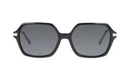 Lentes de sol con montura geométrica negra y detalles dorados en las bisagras.