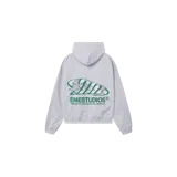 Hoodie oversize gris melange de la marca Eme Studios, con capucha y estampado gráfico en la espalda en tonos verdes y grises.