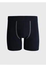 Pack de tres boxers de algodón con cintura elástica. Incluye un modelo liso azul marino, un modelo a rayas horizontales azul y gris, y un modelo liso gris melange.