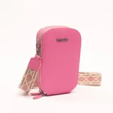 Porta celular fucsia con doble compartimento con cierre y correa de tela estampada con motivos geométricos.