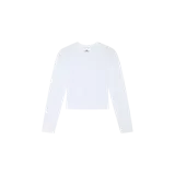 Remera de manga larga color blanco, de corte corto, con cuello redondo y pequeño estampado en el centro del pecho.