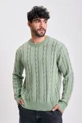 Sweater de tejido de punto color verde claro, con cuello redondo y diseño de ochos verticales en todo el cuerpo y mangas.