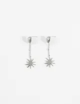 Caravanas colgantes de acero quirúrgico con diseño de sol, compuestas por un perno superior, una cadena fina y un dije en forma de estrella de múltiples puntas.