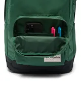 Mochila Columbia Zigzag II de 30 litros, color verde oscuro, con dos compartimentos principales, dos bolsillos para botellas de agua y una funda acolchada con forro polar para laptop de hasta 15 pulgadas. Incluye bolsillo interior con cremallera, dos bolsillos frontales para accesorios y tiradores de cremallera reflectantes.