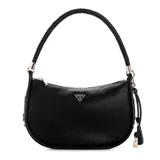 Cartera Guess modelo Danya de formato hobo, color negro con textura granulada. Presenta cierre superior, asa de hombro con detalle trenzado y logo metálico triangular en el frente.