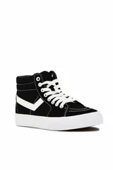 Championes de media caña Pony modelo 1189 Garden, de color negro con paneles en azul verdoso y detalles en blanco, incluyendo cordones blancos y suela de goma blanca.