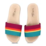Sandalias planas Beira Rio para mujer, con base color beige y faja ancha superior decorada con franjas horizontales de colores: bordó, naranja, amarillo y turquesa.