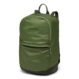 Mochila Columbia de diseño liviano y plegable, color verde militar. Cuenta con un compartimento principal con cierre, un bolsillo frontal para accesorios de acceso rápido, asa superior de agarre y correas de hombro ajustables.