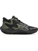 Championes Under Armour UA Jet 25, color negro y verde militar, diseñados para básquetbol con capellada de materiales mixtos y amortiguación Micro G.