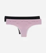 Kit de dos bombachas tipo bikini/tanga, una negra y una rosada, ambas con cintura elástica y detalles de encaje texturizado.