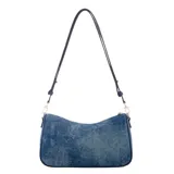 Cartera tipo bandolera Guess confeccionada en denim, con dos bolsillos frontales con solapa y hebillas decorativas. Presenta cierre superior, correa ajustable y detalles en metal dorado.
