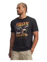 Remera negra de manga corta con estampado frontal de un águila, relámpagos y las palabras "IRON PARADISE" en tonos naranja y amarillo.