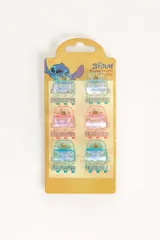 Pack de seis pinzas de pelo medianas con diseño de Stitch y Angel, en tonos celestes y rosados con acabado brillante.