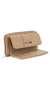 Billetera larga marca Lincoln's, color bordó con interior beige. Presenta un diseño con solapa frontal, múltiples compartimentos para tarjetas, visor y monedero con cierre.