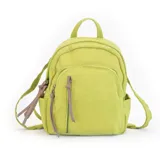 Mochila mediana de nylon color verde lima, con múltiples compartimentos con cierre metálico, bolsillos laterales, correas regulables y asa de mano.