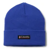 Gorro tipo beanie de punto en color azul, con diseño de puño enrollado y parche rectangular con el logo de la marca en el frente.