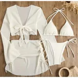 Conjunto de baño de cuatro piezas en color negro, confeccionado en tejido de malla transparente. Incluye un top de bikini triangular, una remera manga larga abierta con lazo frontal para anudar, y una pollera corta ajustable con cordones laterales.
