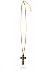 Collar de acero dorado con cadena de eslabones y dije de cruz con incrustaciones de piedra lapislázuli natural.