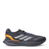 Championes Adidas Runfalcon 5 para hombre, de color gris con detalles plateados en las tres bandas laterales y acentos en naranja en el talón y la lengüeta. Cuentan con capellada de malla transpirable, amortiguación Cloudfoam y suela de alta resistencia.