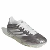 Championes de fútbol Adidas modelo Copa Pure IV Club, color plateado con detalles en blanco. Diseño con cordones, suela con tapones para terreno firme y artificial, y logo de la marca en la lengüeta.